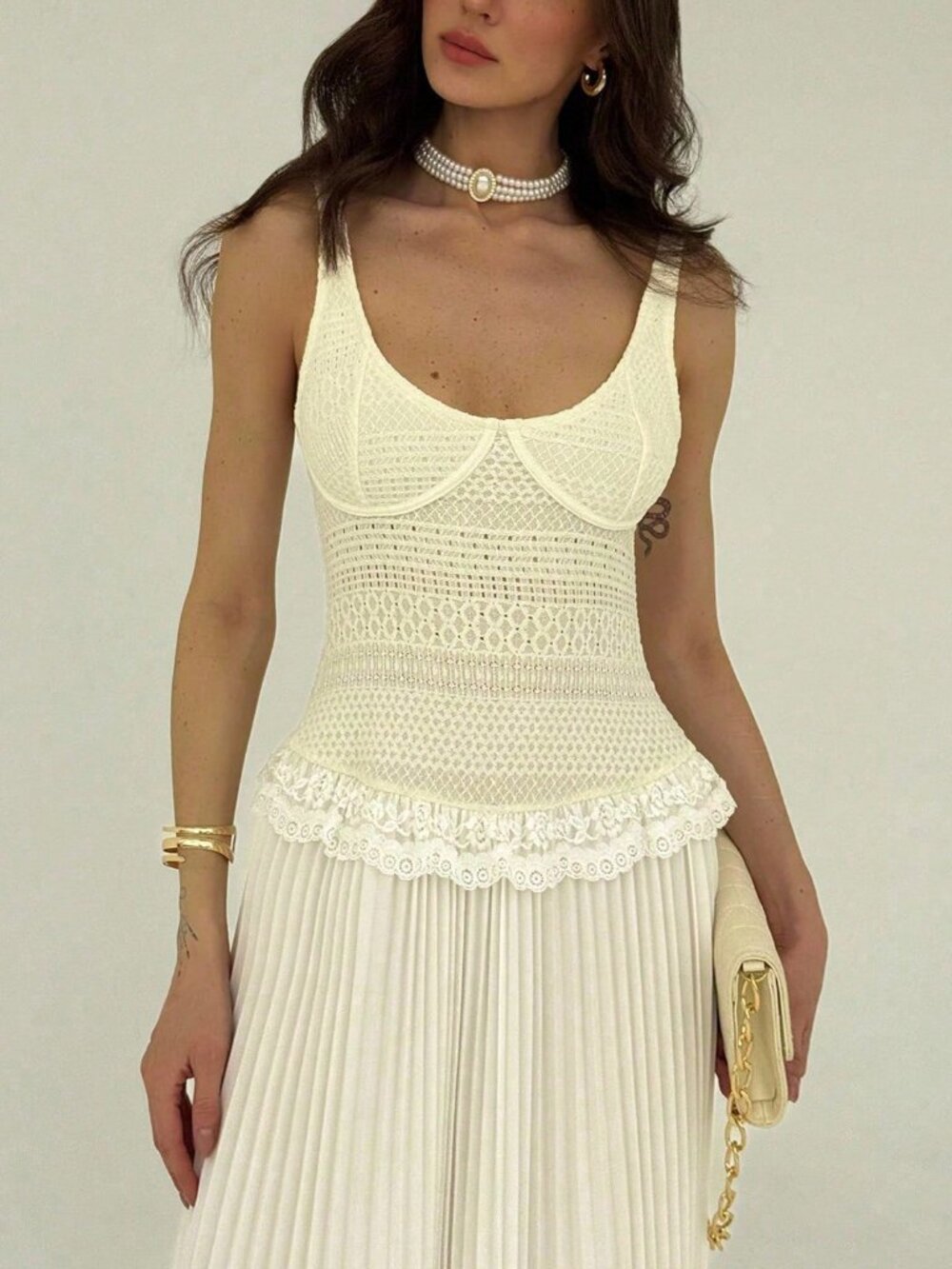 Beige Elegant Women's Fitted Sexy Low-Cut Pleated Lace Trim Maxi Dress - Picture 1 of 6
